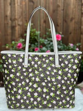 NWT Michael Kors Carter Brown Multi Large Open Tote Pink Blossoms Purse